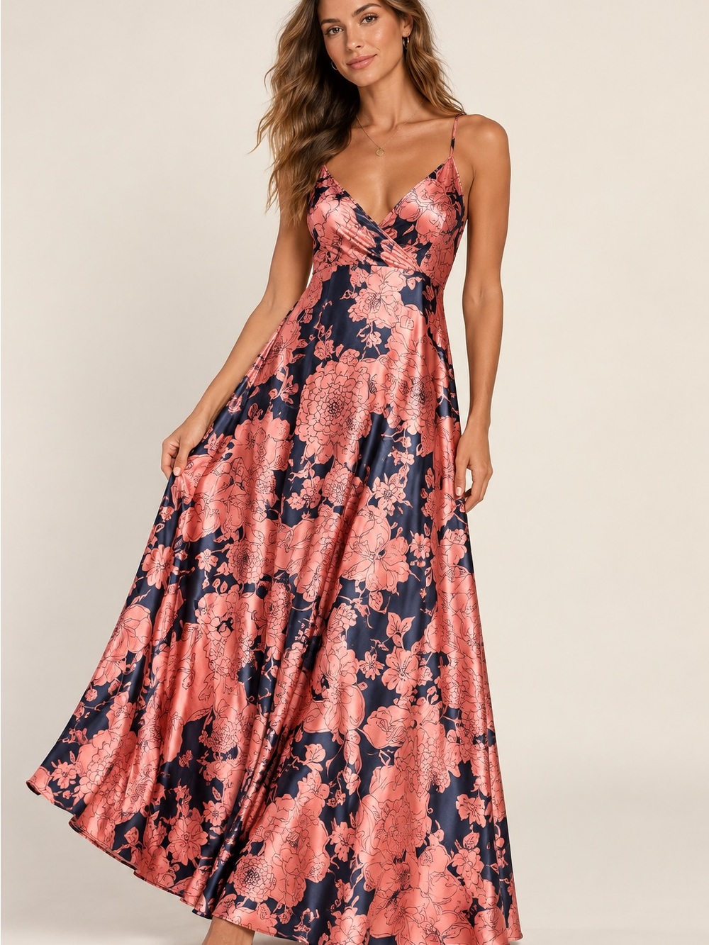 Lulus Floral Satin Maxi Dress Pink Navy Blue Spaghetti Strap S
